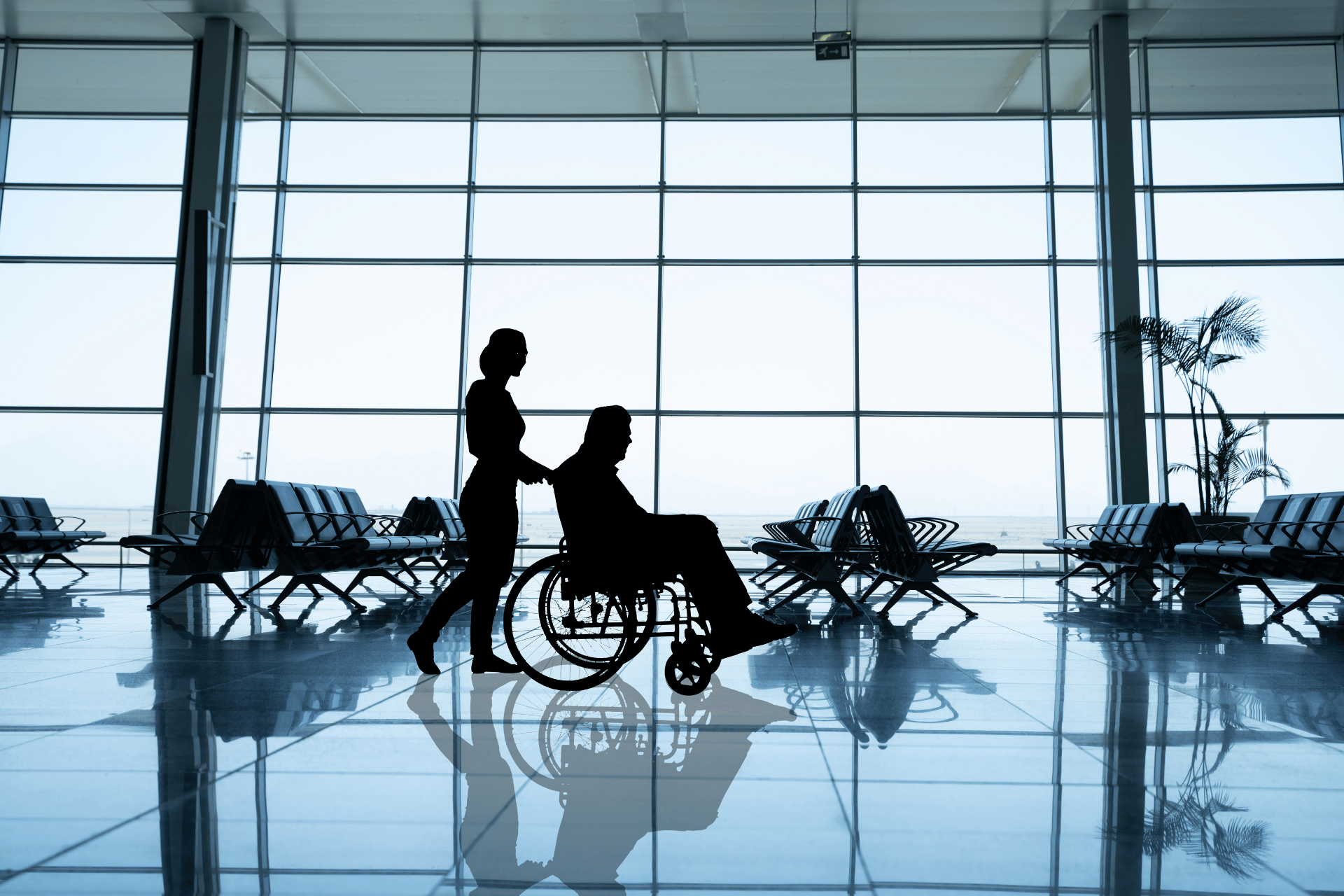 Picture of people, including person in a wheelchair at an airport