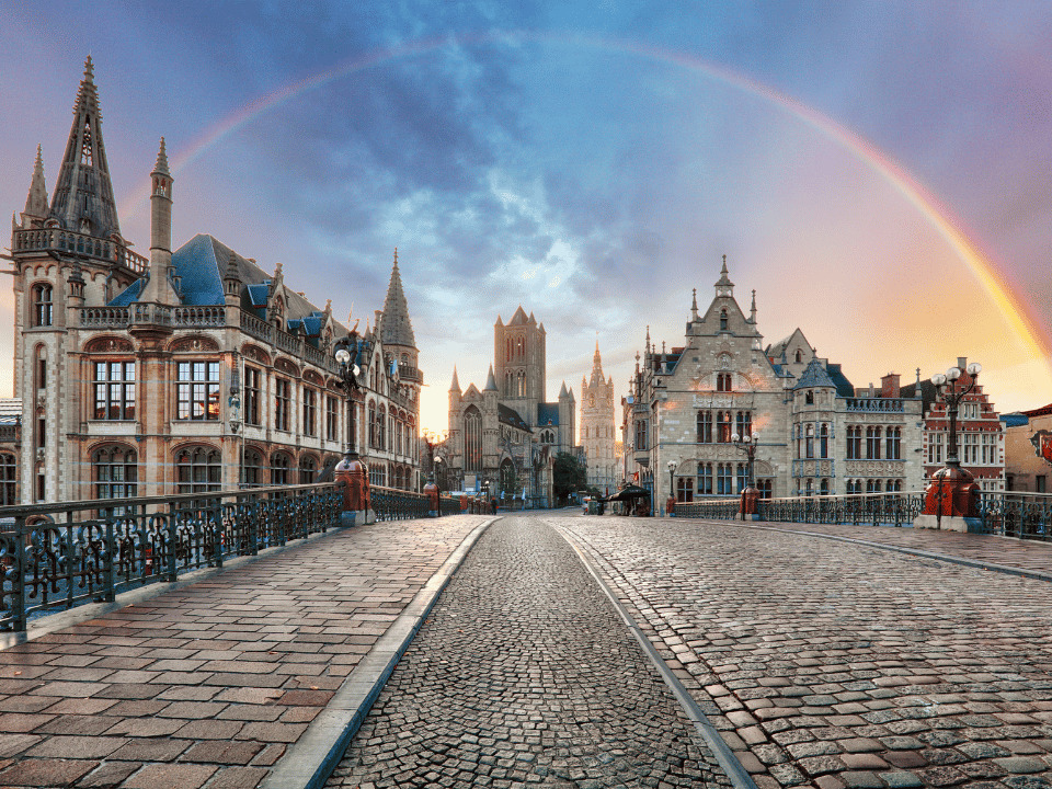 A rainbow in the background of Castle of the Counts of Ghent, Flanders
