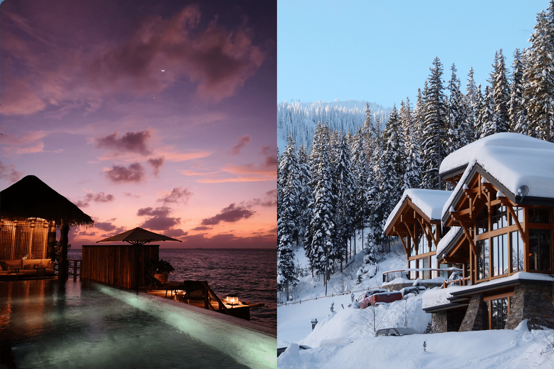 A Hut on a Resort by the Beach at Dusk by Pexels and Houses covered by snow