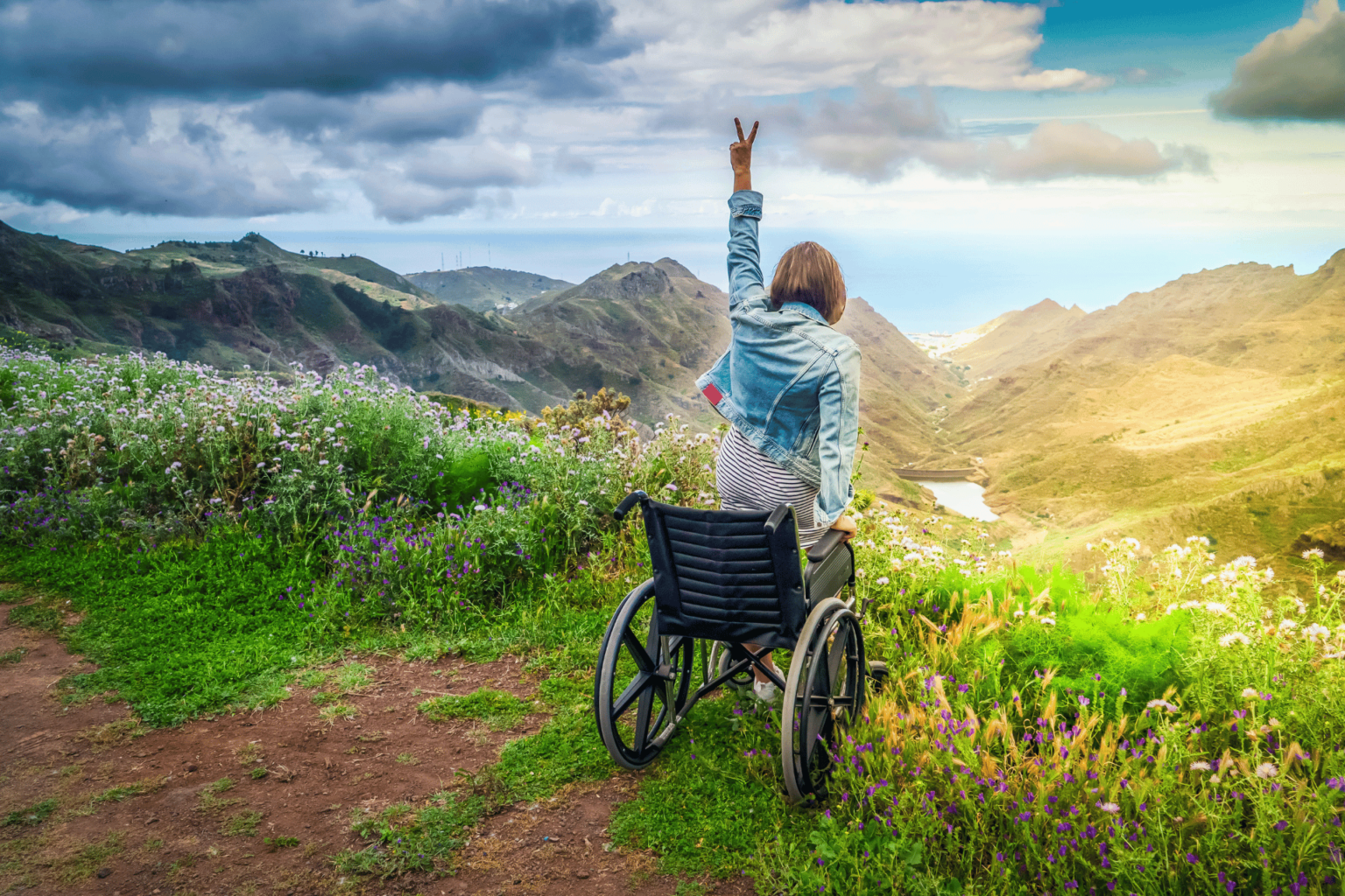 A girl in a wheelchair at the top of a mountain