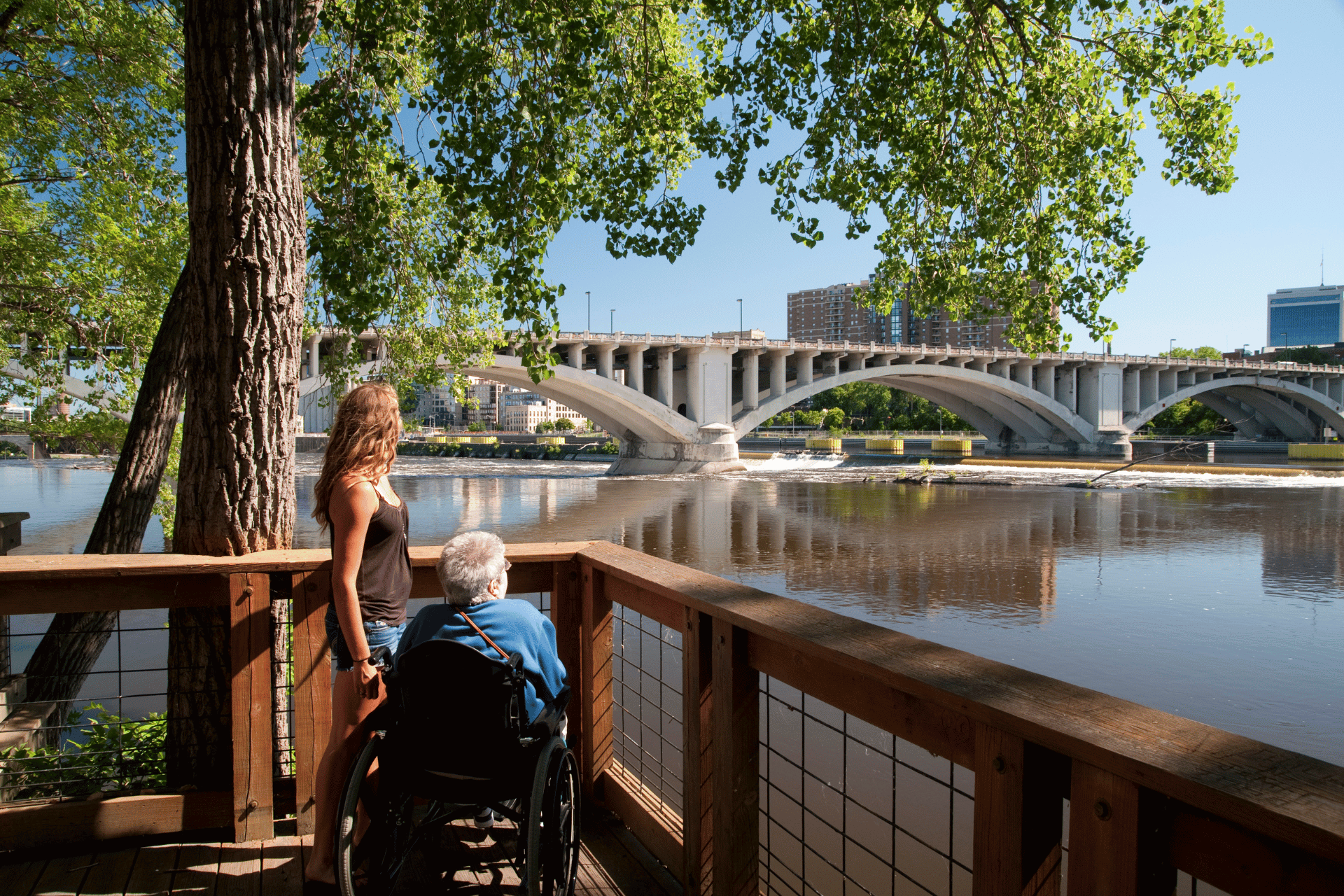 A women in a wheelchair on an observation deck in Minneapolis