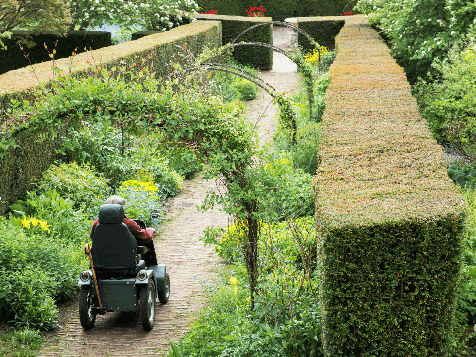 An electric wheelchair user enjoying the Toronto Botanical Gardens