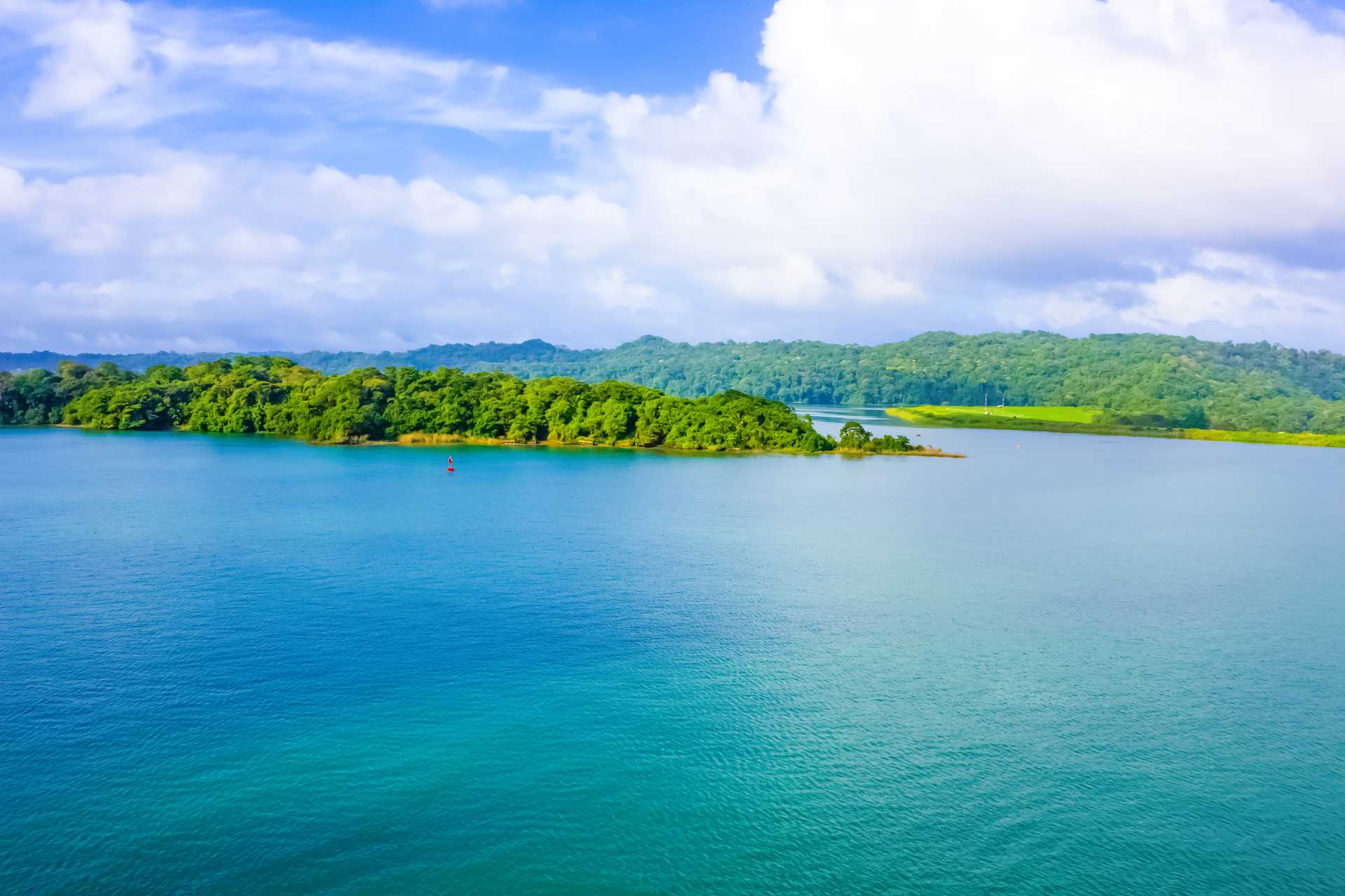 Gatun lake of the Panama Channel and blue sky.
