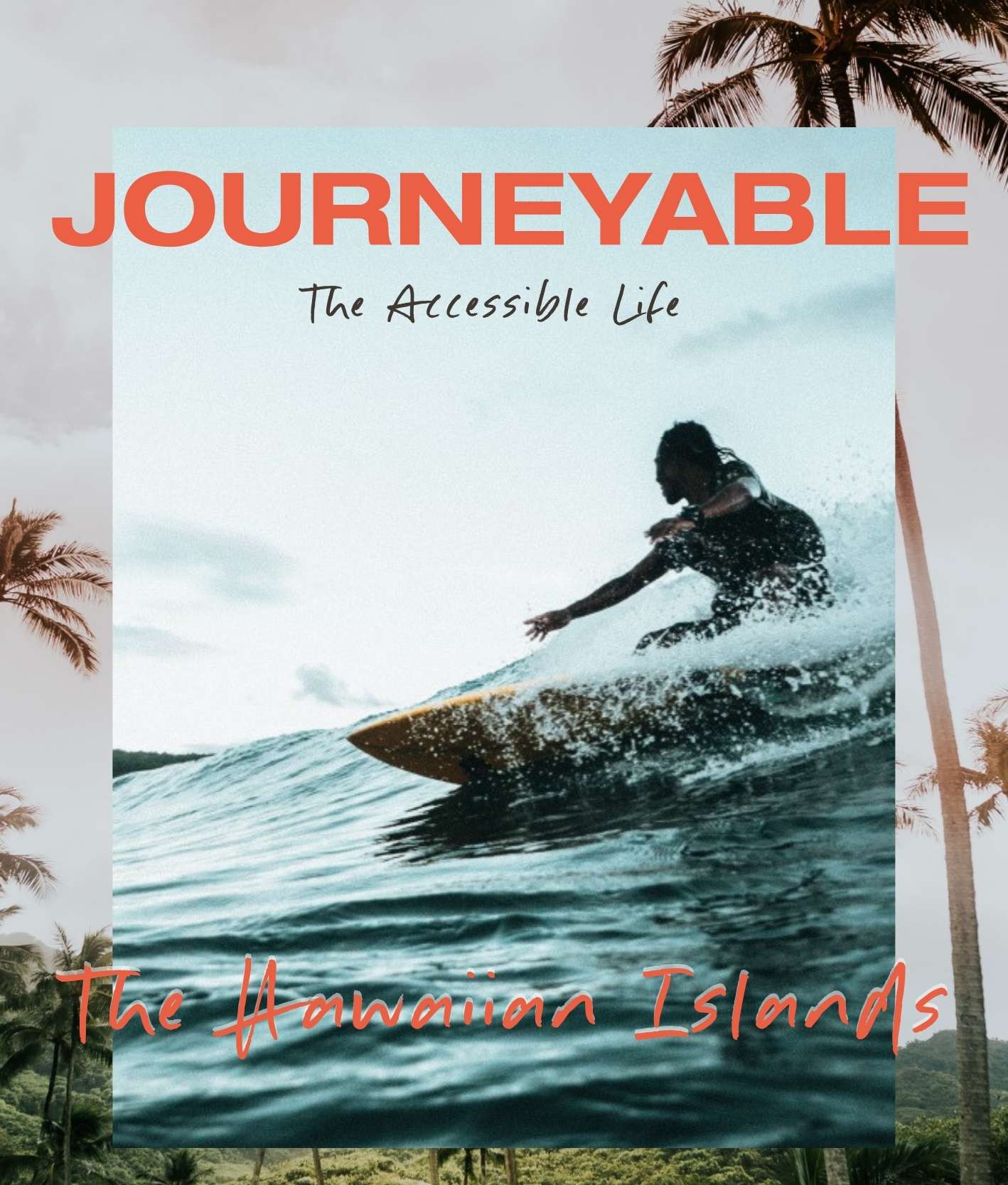 An image of a person surfing a wave and with the Journeyable Logo