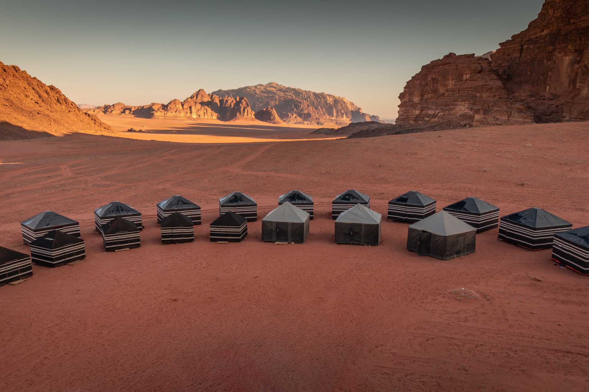 Beduin tourist campsite in Wadi Rum desert, Jordan at sunrise from Getty Images